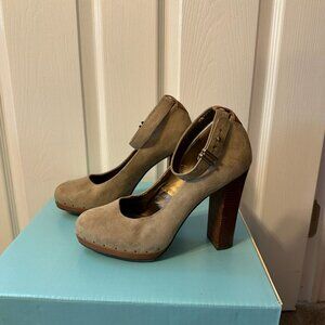 Sam Edelman Tan Suede and Wood Heels with Ankle Strap